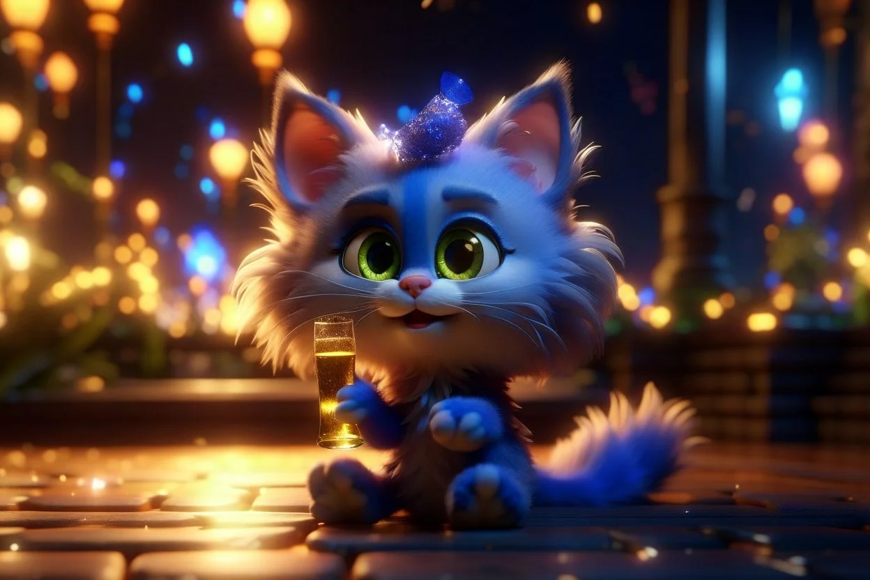 cute fluffy pixar chibi cat, new years eve scene, champagne, twisted serpentine, fireworks Weight:1 detailed matte painting, deep color, fantastical, intricate detail, splash screen, complementary colors, fantasy concept art, 8k resolution trending on Artstation Unreal Engine 5 Weight:0.9