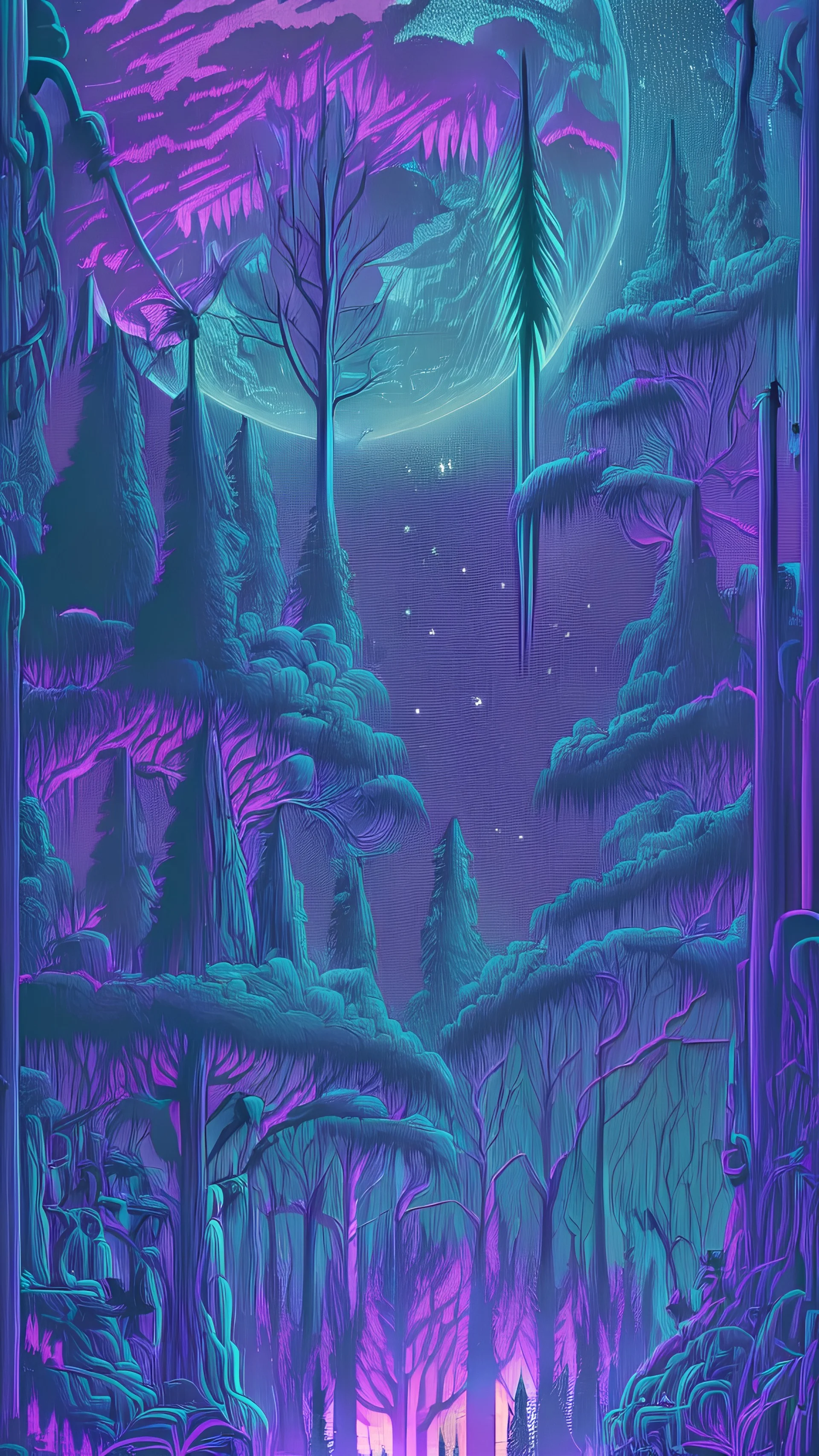 black night moon sky ,trippy tapestry Enchanted forest , 70's Retro synthwave poster , Sharp focus, High quality, Illustration, Highly detailed, , purple Neon color, Creative, 8K, Trending on Artstation,