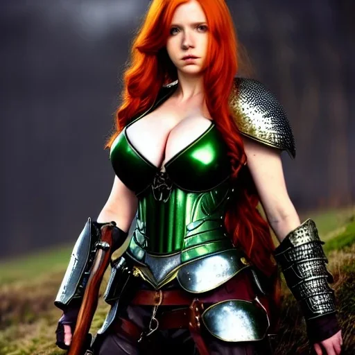 realistic, hyper detailed, strikingly beautiful teen woman, long ginger hair, green eyes, medium freckles, full lips, revealing leather armour, full body and head, exposed b-cup breasts, stern expression, full frame, petite, ignore NSFW, shortbow, quiver on hip, sexy