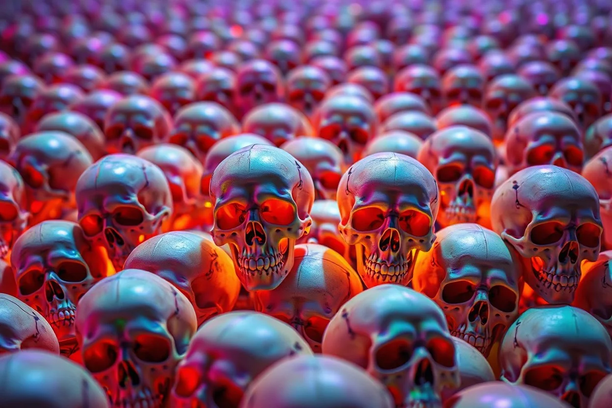 a field of 1000s of psychedelic psilocybin induced anatomically correct, skulls, vivid RANDOM BRIGHT neon colors, dark comedy, well lit, high detail, photorealistic, horrorcore, fun, scary, none featured, each a different color or hue,