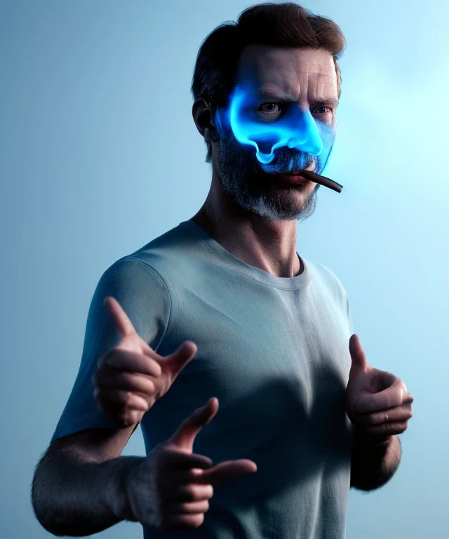 Realistic image, a guy making the fuck you gesture with his hand, blue smoke coming out of his eyes, nose and mouth. soft color, highly detailed, unreal engine 5, ray tracing, RTX, lumen lighting, ultra detail, volumetric lighting, 3d, finely drawn, high definition, high resolution.