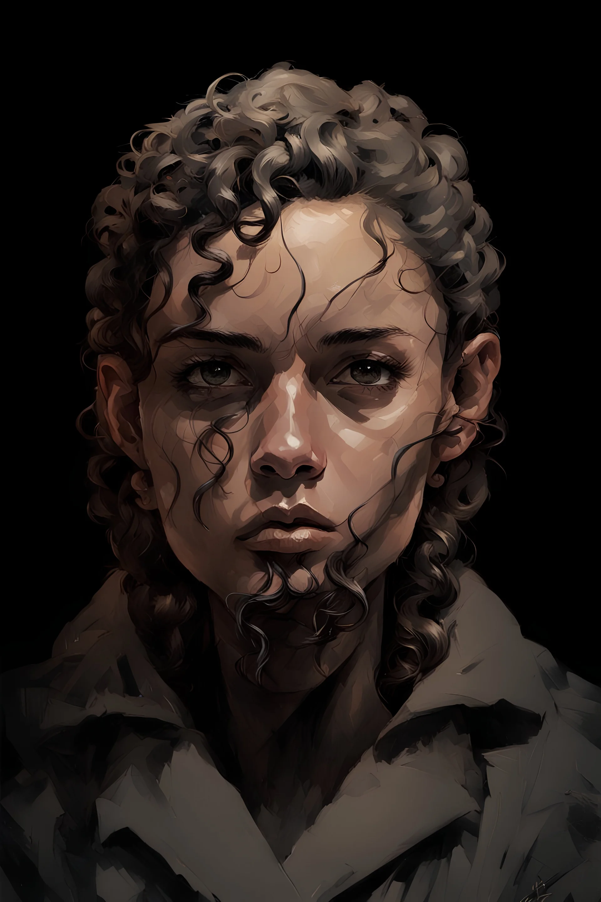Portrait of a young woman with long curly hair, covering the ears. Include a short black horn on her forehead, and make it distinctive. include gray eyes, with a dark tanned skin complexion. Draw the portrait in the style of Yoji Shinkawa.