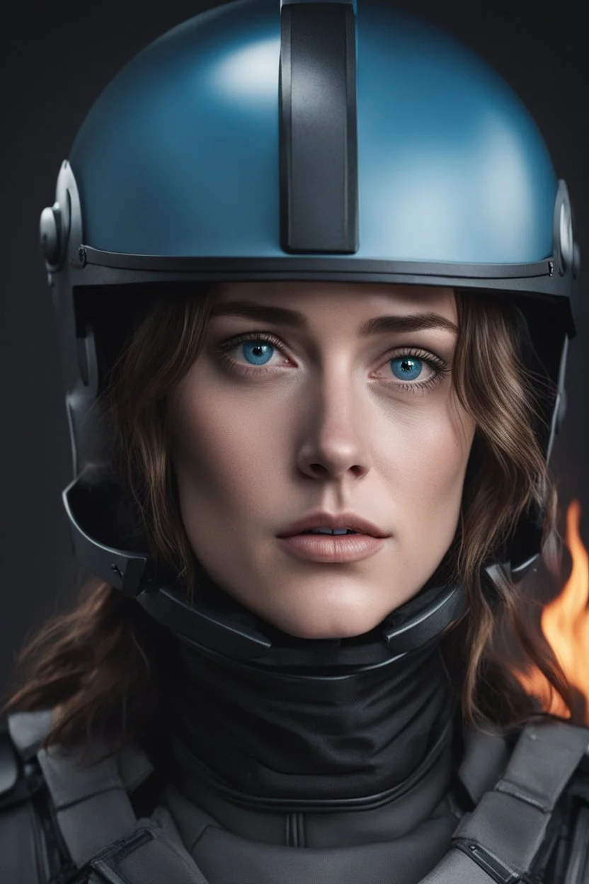 Dakota Johnson A commander with a matte black helmet and eyes with flaming light blue pupils