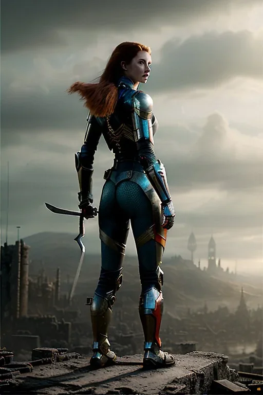 ultrarealistic, concept art, panoramic, ruined city,__intricate fantasy armor__, no star, __angles__, 18 year old woman, strikingly beautiful,ginger hair, _colour_, (pale __skincolor__ skin:1.2), __camera__, long hair, detailed face and eyes, medium breasts, sci-fi theme, freckles, dynamic pose, resolved expression, __accessory__, strappy outfit, (straps:1.1), sword in scabbard on left hip, (buckles, buttons, snaps, rings:1.0), haltertop style breastplate, detailed eyes, plump lips