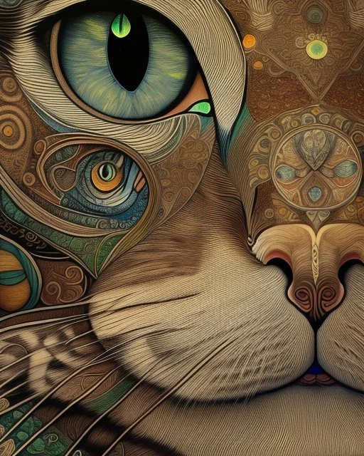 Detailed Surreal Portrait of Oriental blue and white tabby cat, with a triangular slender white face, large ears and green eyes by Gustav Klimt muted colors.