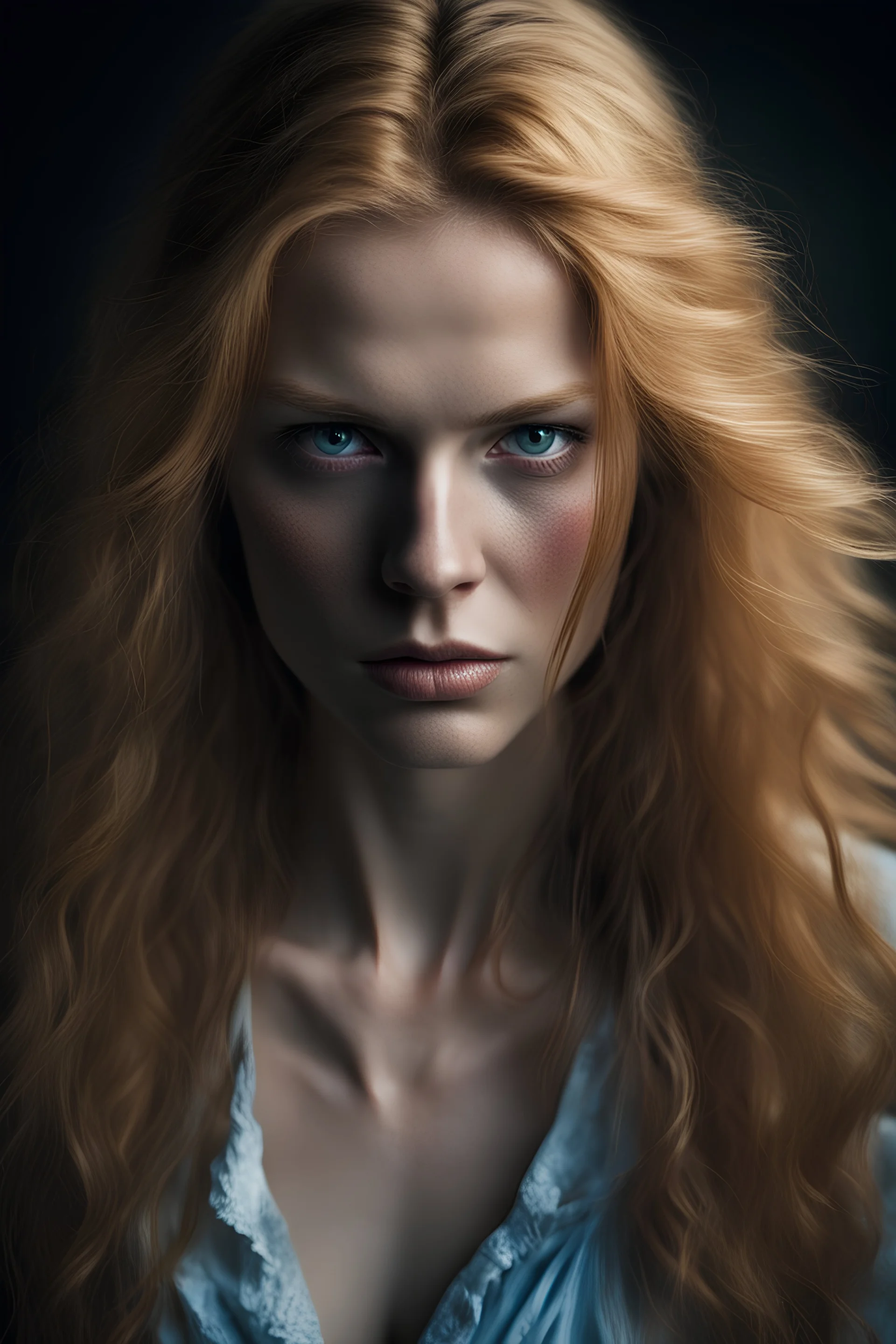 Portrait of a woman, light blue eyes, strawberry blonde long hair, dirty, warrior, angry, dark, shadows, romantic