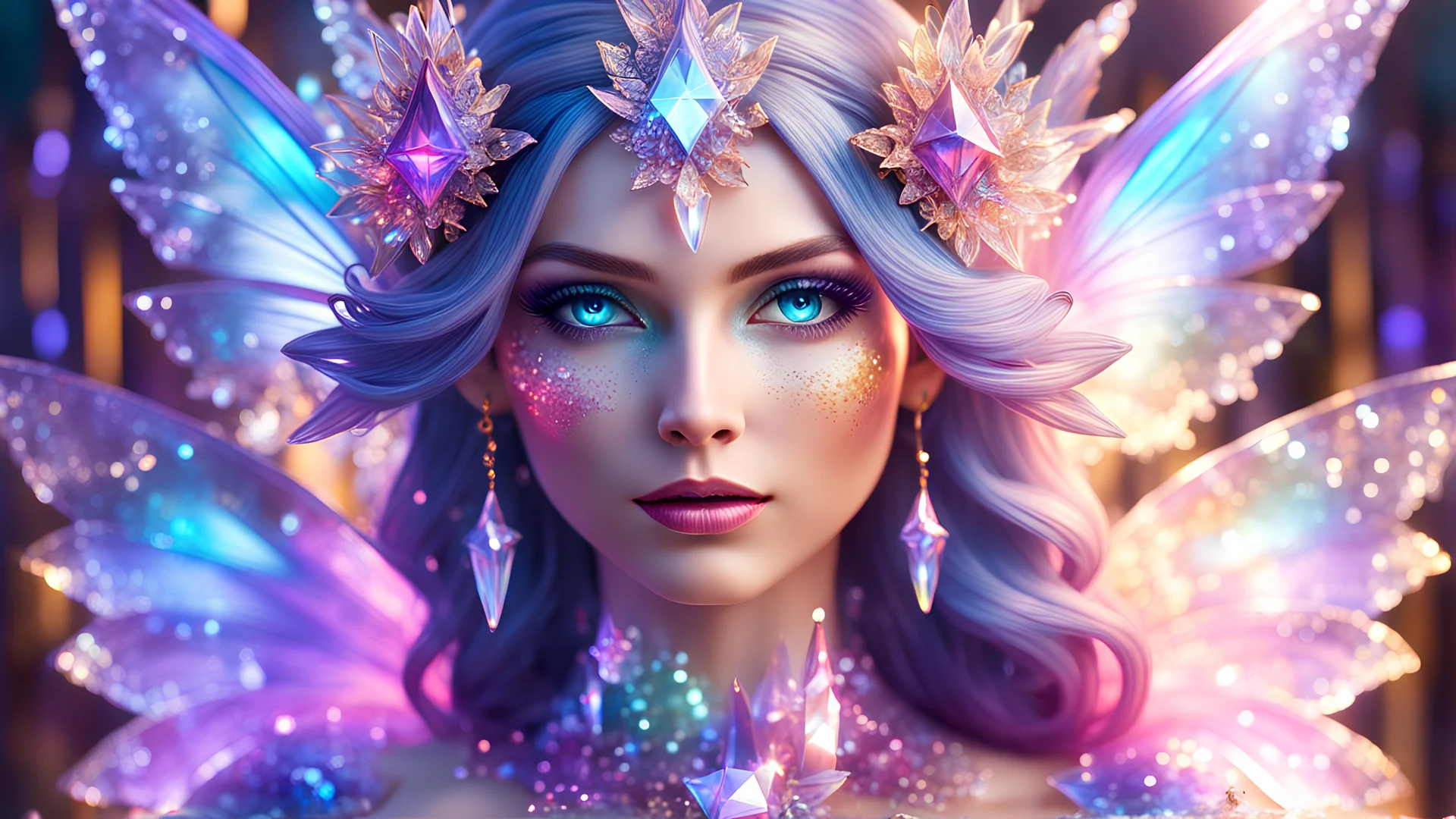 photorealistic , sparkling magical fantasy crystal glass woman fairy very detailed, amazing quality, intricate, cinematic light, highly detail, beautiful, surreal, dramatic, galaxy woman fantasy colors