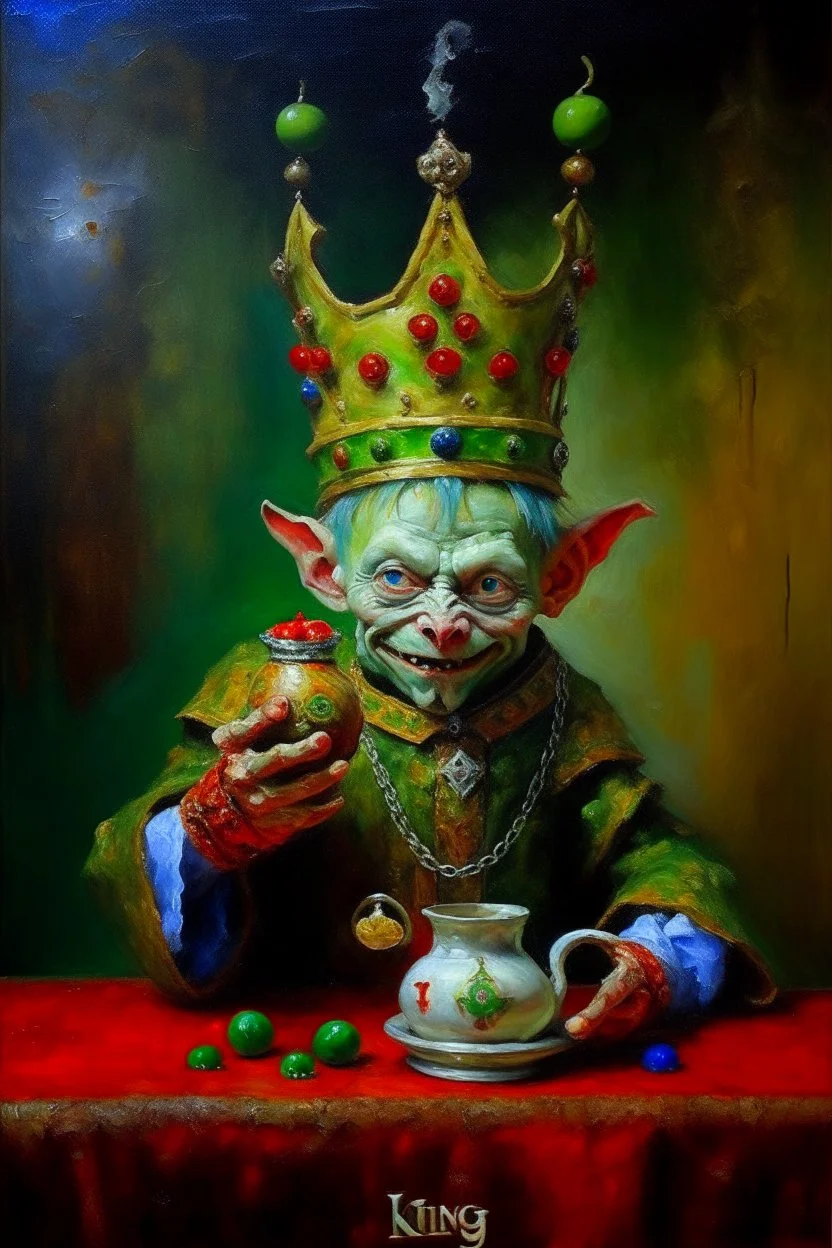 Living king elf kettle joker, prize winning oil painting