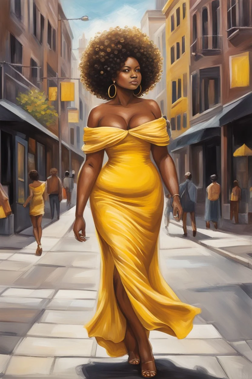 Create a chalk art image of a curvy black female walking thru the city streets wearing a yellow off the shoulder maxi sundress. Prominent make up with brown eyes. Highly detailed tight curly black shiny afro