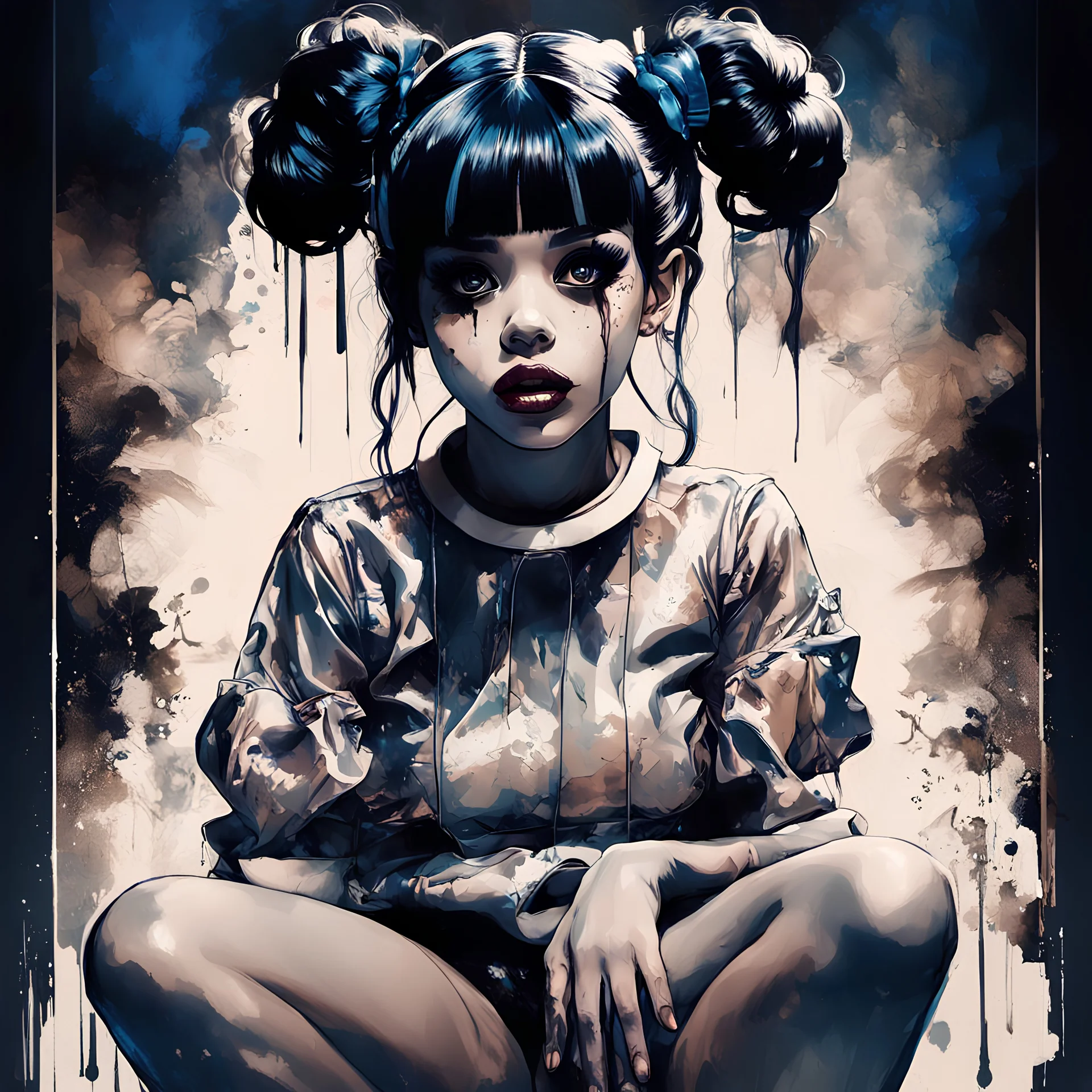 Poster in two gradually, a one side the Singer Melanie Martinez face, full body, sit pose, painting by Yoji Shinkawa, darkblue and sepia tones,sinister, detailed iridescent, metallic, translucent, dramatic lighting, hyper futuristic, digital art, shot with Sony Alpha a9 Il and Sony FE 200-600mm f/5.6-6.3 G OSS lens, natural light, hyper realistic photograph, ultra detailed -ar 3:2 -q 2 -s 750,malevolent goth vampire girl face and other side