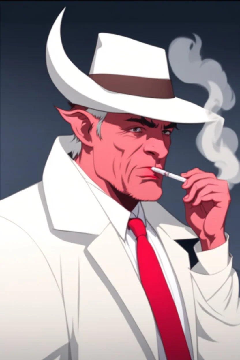 An old male red tiefling wearing a white and blue police comisioner outfit smoking a cig.