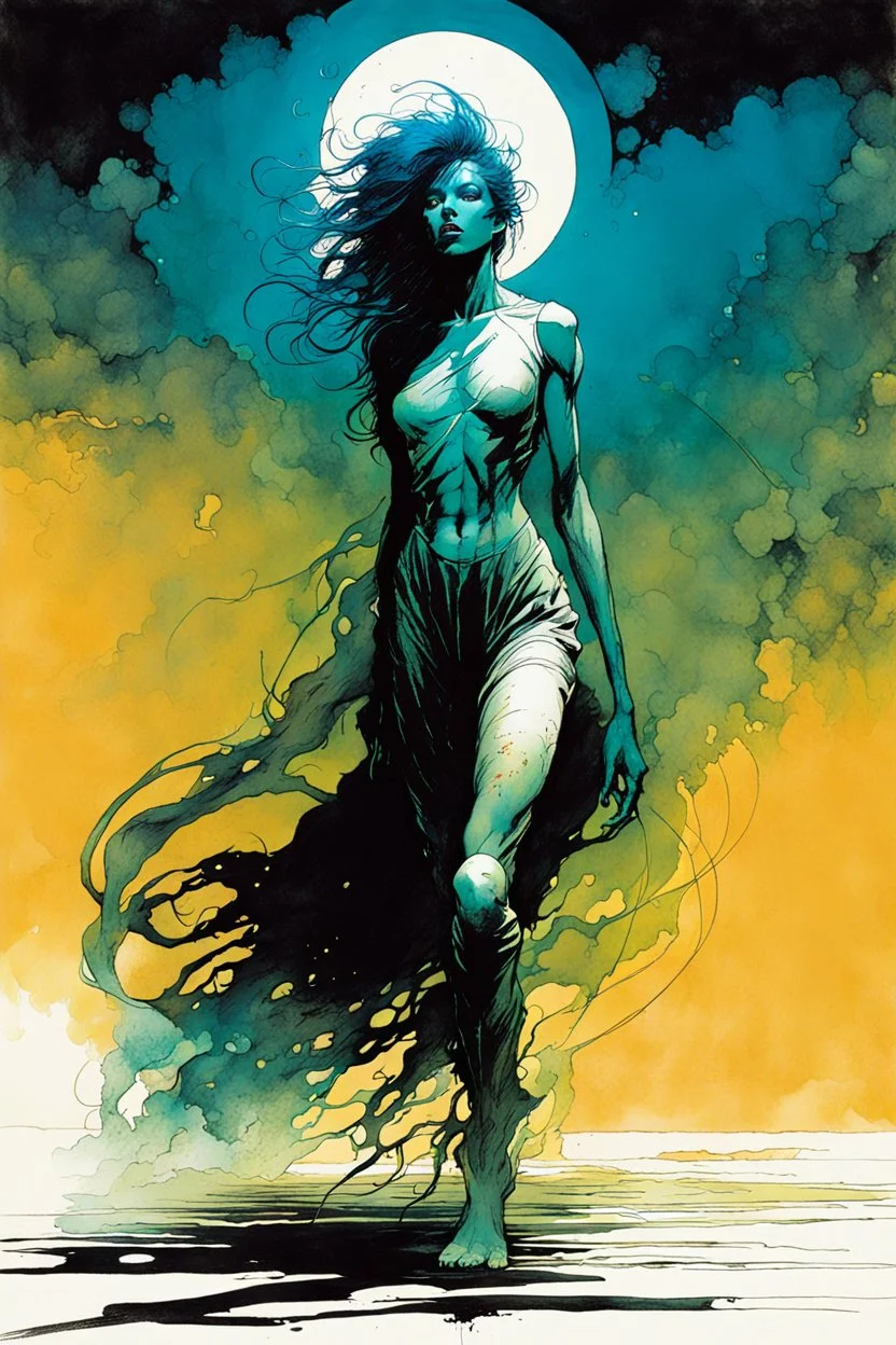 create an imaginative full body print illustration of an ethereal, otherworldly female Striga monster, in the comic book art style of Bill Sienkiewicz, Mike Mignola, and Jean Giraud Moebius, with highly and finely inked