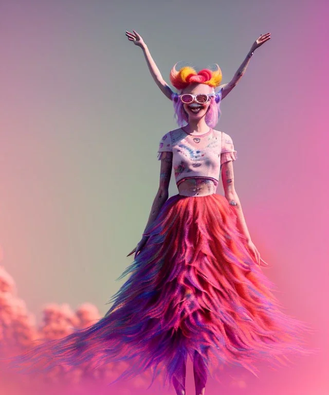 Ultra Realistic photo, medium shot view, drunken sweet dancer old blonde woman, carnival scene, monster hair, steampunk style. Sunglasses, Red hair, confeti, smile, happy, festival, ovnis, gradient color fog. highly detailed, concept art, unreal engine 5, ray tracing, RTX, lumen lighting, ultra detail, volumetric lighting, 3d, finely drawn, high definition, high resolution.