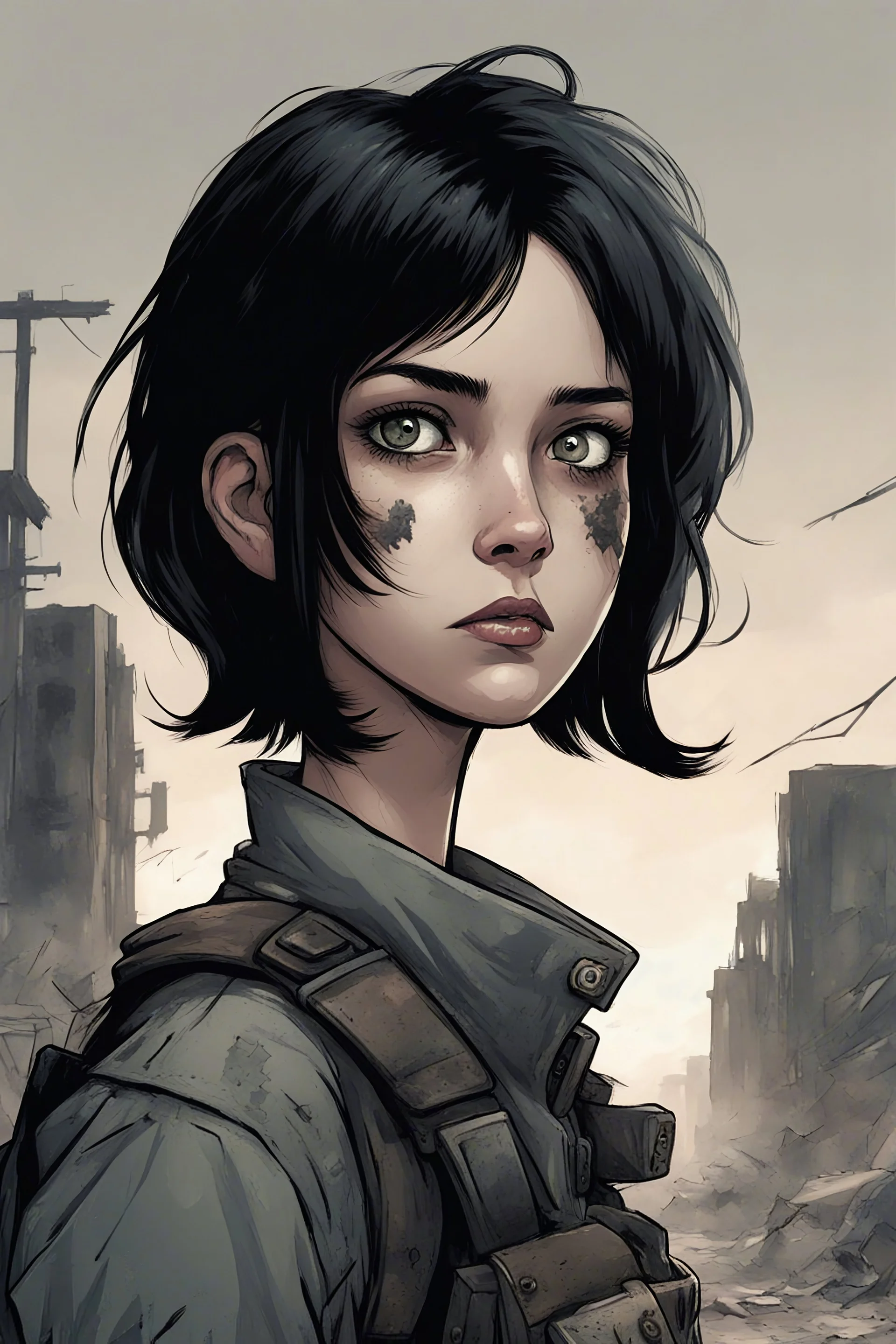 Portrait, girl character with black hair, comic book illustration looking straight ahead, post apocalypse