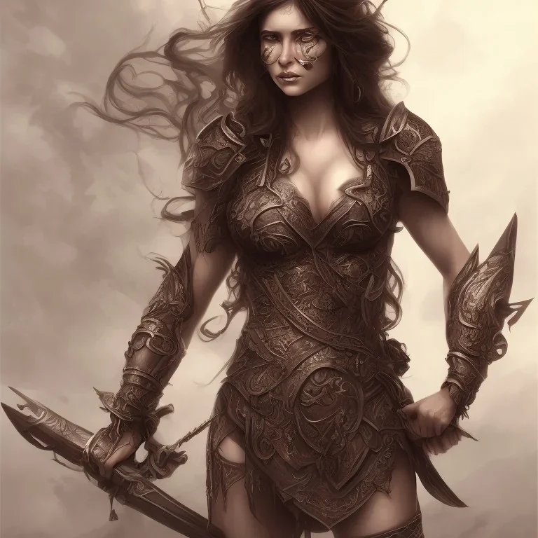 Warrior woman with medium wavy black hair, brown eyes, big breast, topless, glistening muscles, with a dagger in each hand.