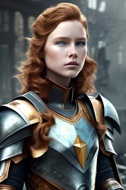 ultrarealistic, concept art, ruined city,__intricate fantasy armor__, no star, __angles__, 18 year old woman, strikingly beautiful,ginger hair, _colour_, (pale __skincolor__ skin:1.2), __camera__, _hair_, detailed face and eyes, medium breasts, sci-fi theme, freckles, dynamic pose, resolved expression, __accessory__, strappy outfit, (straps:1.1), sword in scabbard on left hip, (buckles, buttons, snaps, rings:1.0), haltertop style breastplate, detailed eyes, plump lips