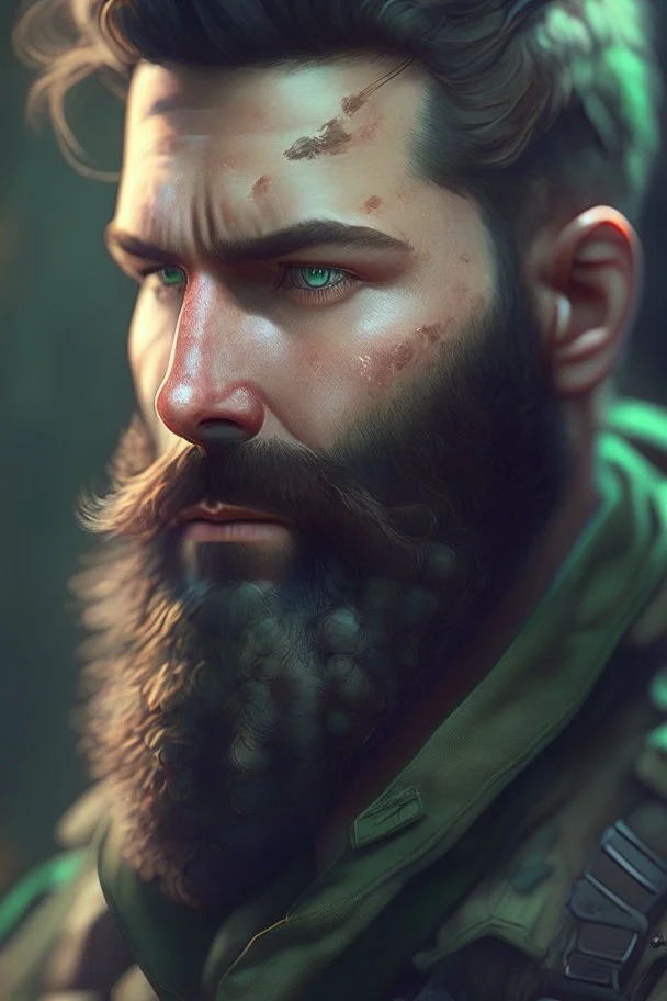 photorealistic male bearded handsome soldier, hyperdetailed painting, luminism, Bar lighting, complex, dark green miltary, 4k resolution concept art, Artgerm, WLOP, Alphonse Mucha, 3d render, octane render, intricately detailed, cinematic, awesome full color, hand drawn, dark, gritty, cinematic, buckeye burl