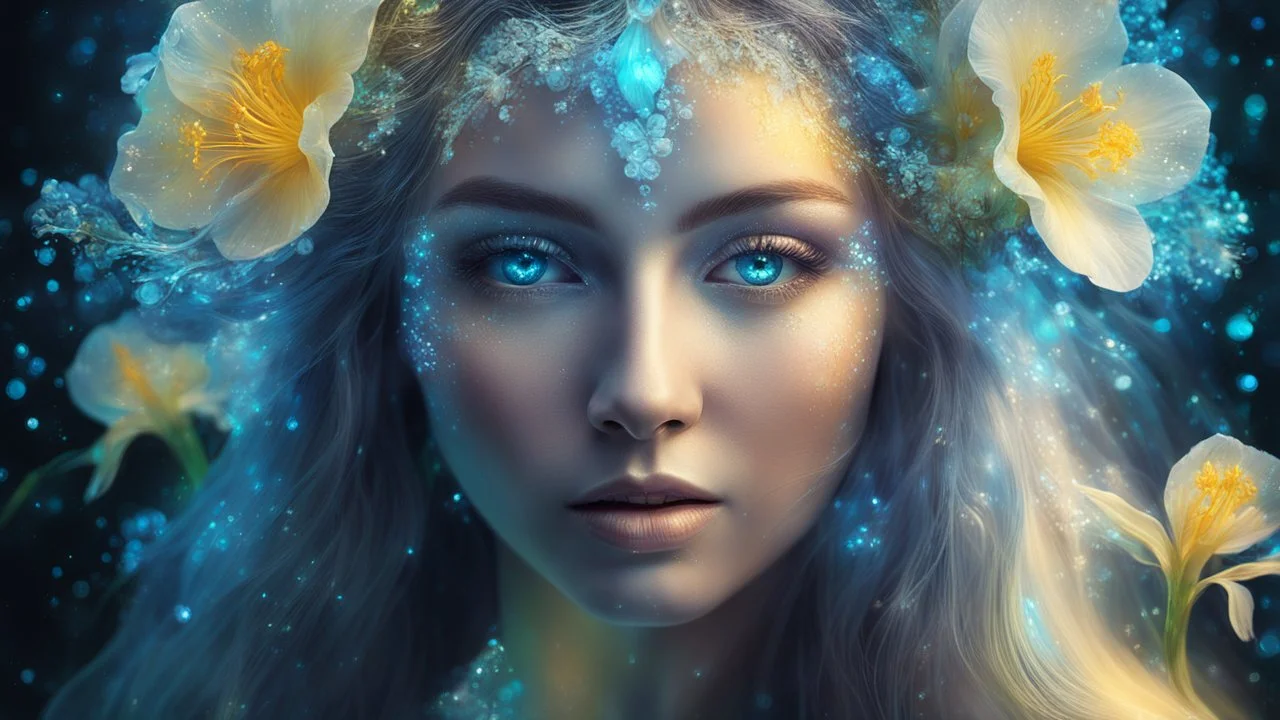 The photo is done in a bioluminescent and bioluminescent art style depicting a divine woman, Bioluminescent dewy translucent glowing skin, ethereal glowing eyes, long neck, perfect face in ultra-realistic details, flowing hair, double exposure, iris flowers, The composition imitates a cinematic film with dazzling, golden and silver lighting effects. Intricate details, sharp focus, crystal clear skin create high detail. 3d, 64k, high resolution, high detail, computer graphics, hyperrealism, f/16,