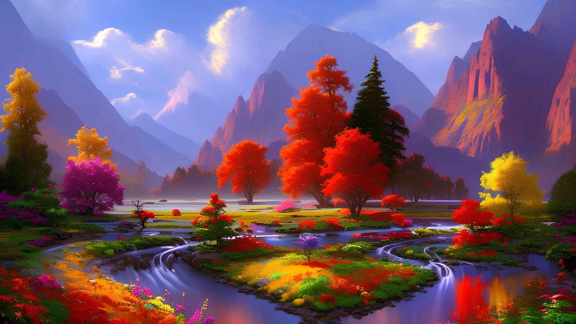 Serene landscape by day with sunlight beams with river running trough mountains, a forest with a lot of vibrant colors, in the style of bob ross, thomas kadinskade and albert bierstadt. Peacefull and calming, intricate details, vibrant.