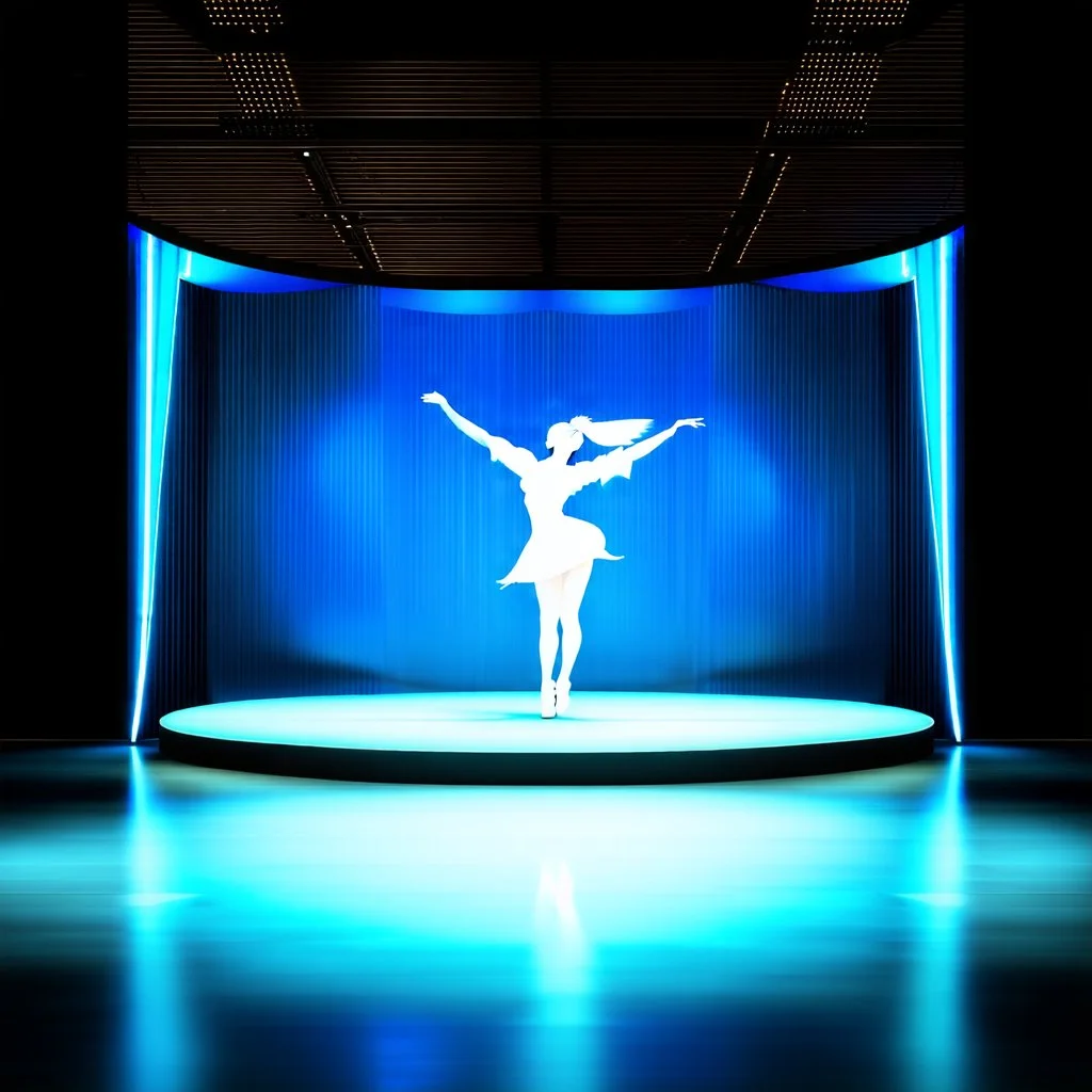 beautiful dance stage with no dancers in luxury modern hall dynamic lights, modern furniture light blue & gray theme