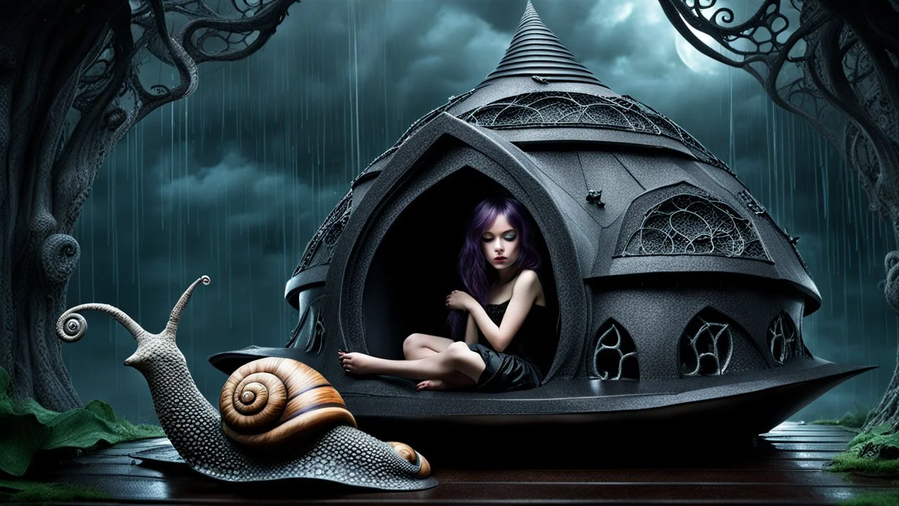 little dark witch fairy sleeps in her stunning lacy-onix gothic snail house, storm, rain, volumetric light, dark colors, rain drops, dark tendrils in background, fantasy, scifi, dark fantasy , dark stunning mood intricate details, beautifully shot, hyperrealistic, sharp focus, 64 megapixels, perfect composition