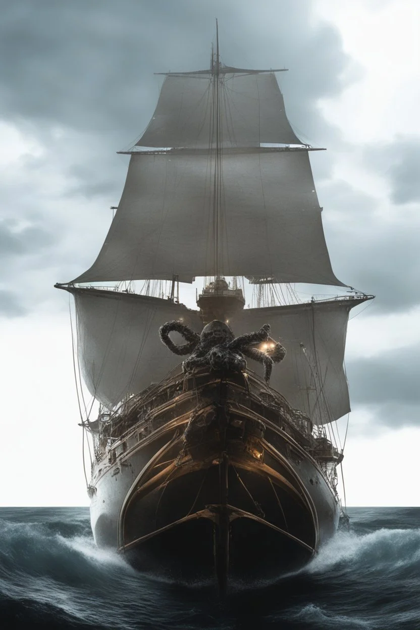 Ship front view with a Spider figurehead at night in a storm with giant waves