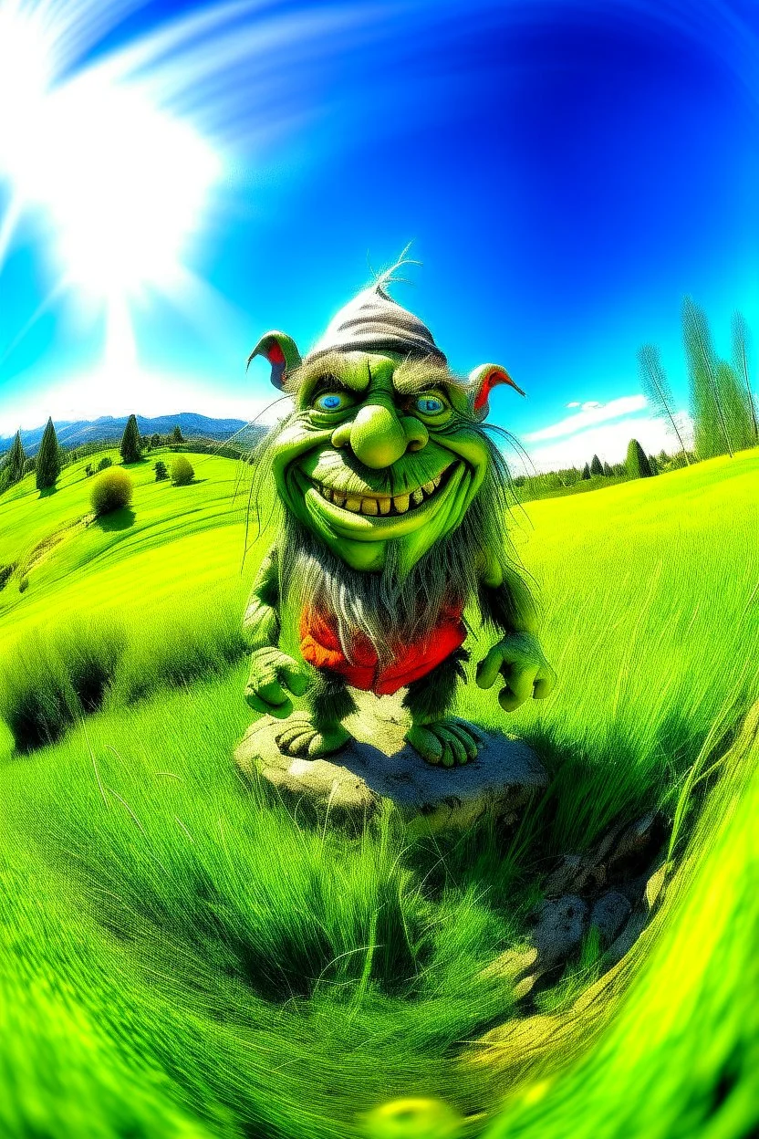 fisheye lens, portrait photo of troll standing in a grassy landscape, grassy hills, sunny day, bright, vibrant colors