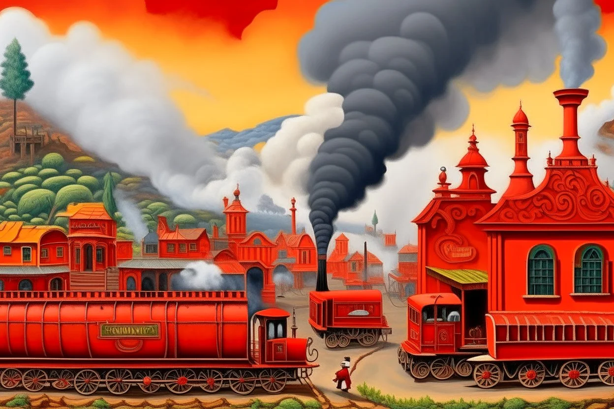 A red western town covered in smoke with a steam train designed in Oaxacan Alebrijes painted by Jeffrey Kolker