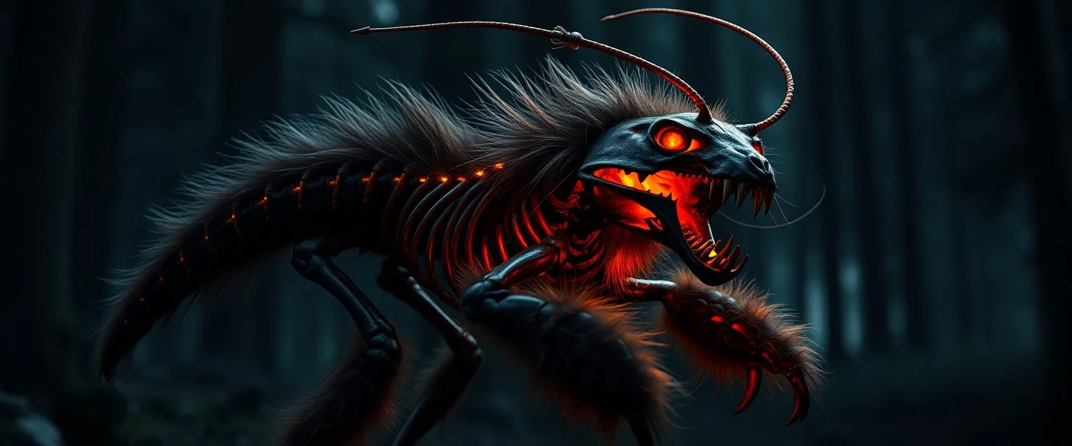 radiant werewolf lobster thick Skeleton with lotsa fluffy fur, motion blur background dark forest