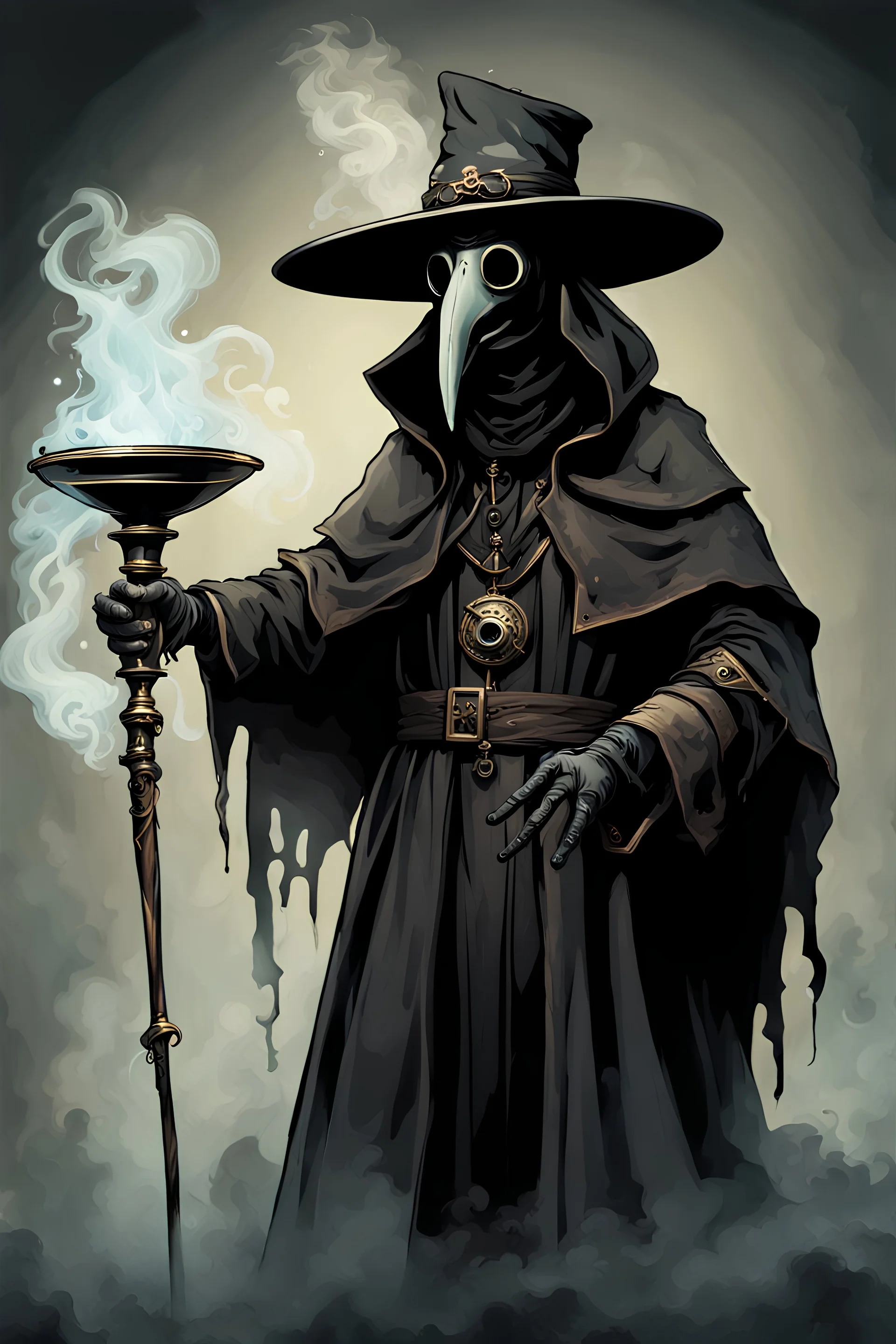 plague doctor wearing a large floppy pointy wizard hat, amazing quality, high detail, epic, fantasy, holy book on waist, tiny arms on chest, four arms, holding a censer in one hand with smoke coming out