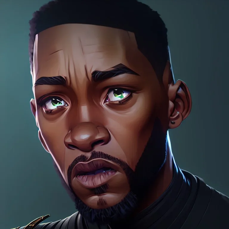 portrait, will smith in black panther suit, intense stare, dark forest, dynamic lighting, 8k, ultra detailed