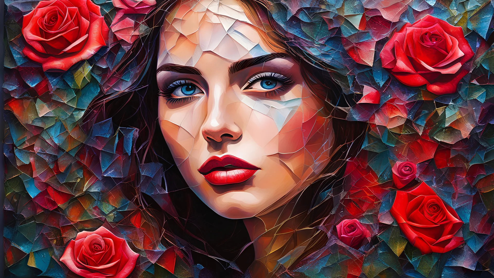 acrylic illustration, acrylic paint, Compose a deeply emotional and visually stunning image of a young European woman, face like cracked glass, natural leather, in a garden of Eden, with delicate multi-colored roses, abstract art elements that create the effect of broken glass, conveying shattered memories, tinted background with bright hues to enhance the emotional impact, rose thorns dripping with red paint to complement the overall beauty and evocative nature of the piece