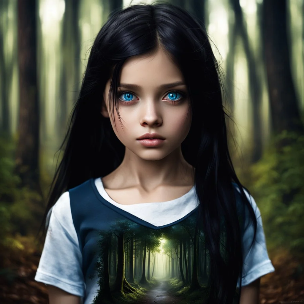 Dark haired 12 year old girl with blue eyes wearing a ripped teeshirt, in a forest , photorealistic, dark fantasy