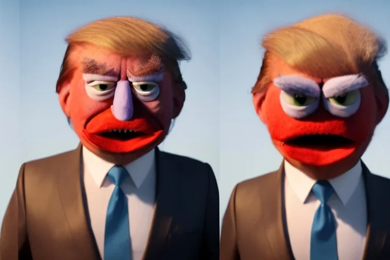 Angry muppet trump in a suit with a spray tan, No tongue. MAGA cap