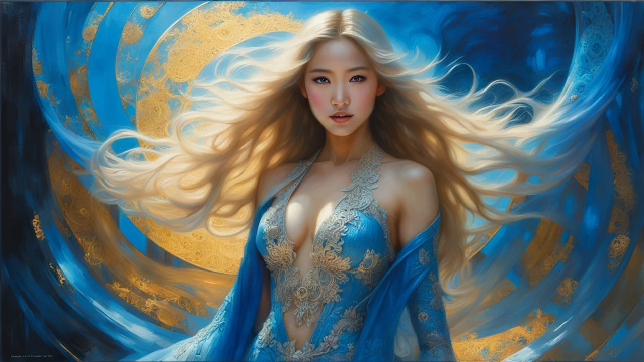 In Casey Baugh's evocative style, art of a gorgeous smiling asian goddess full body with long blonde hair, blue eyes , beautiful chest and legs, futuristic, transparent blue lace, elegant, highly detailed, majestic, Baugh's brushwork infuses the painting with a unique combination of realism and abstraction, greg rutkowski, surreal gold filigree, broken glass, (masterpiece, sidelighting, finely detailed beautiful eyes: 1.2), hdr, realistic painting, natural skin, textured skin,