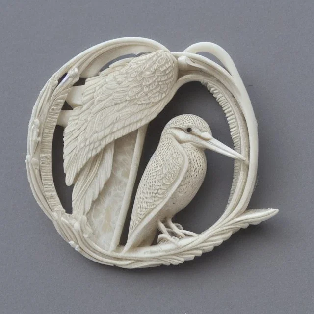 ivory brooch of a kingfisher, decorative design, classical ornament, highly ornate, highly intricate, highly detailed etching, marble carving