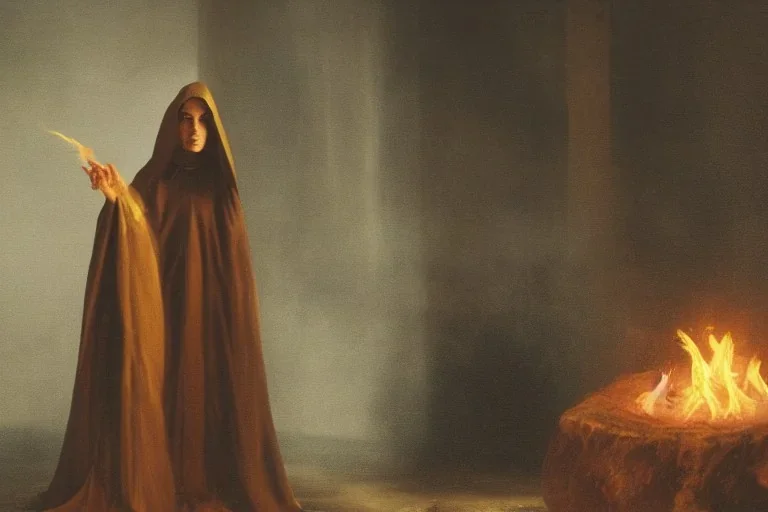 Cloaked priestess observing a fire intently, religious