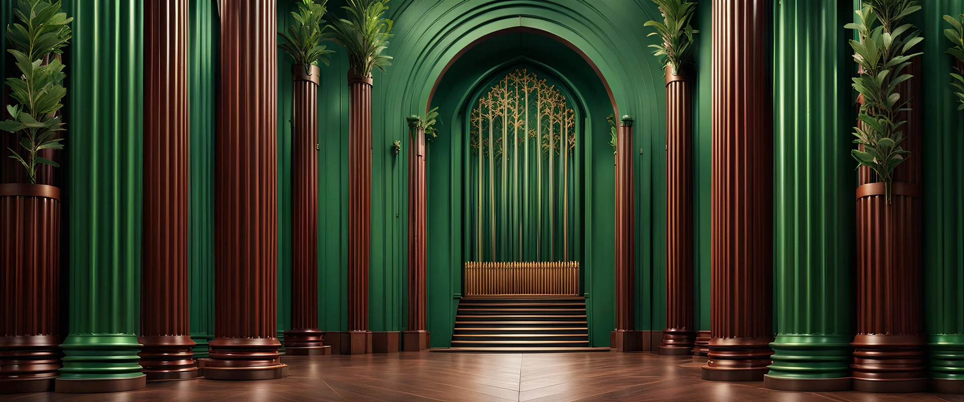 High-end hyperrealism epic majestic grand organ pipe, inspired cinematic photography, symmetry forest alley background, Aesthetic combination of sage green and walnut and honey red, Vintage style with brown pure leather accents, Art Nouveau visuals with Octane Render 3D tech, Ultra-High-Definition (UHD) cinematic character rendering, Detailed close-ups capturing intricate beauty, Aim for hyper-detailed 8K