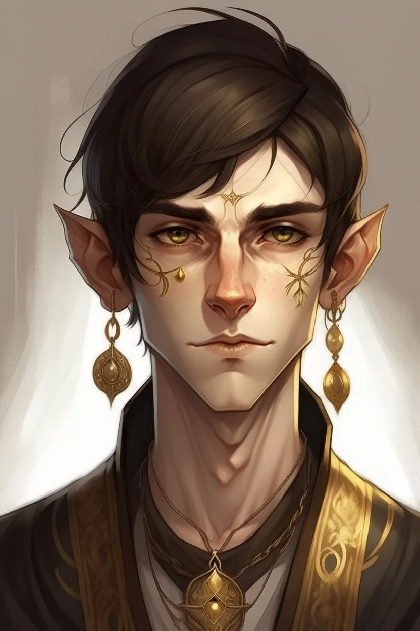 a wealthy half-elf young man with pointy ears and gold sclera eyes with no pupils, wears lots of jewelry