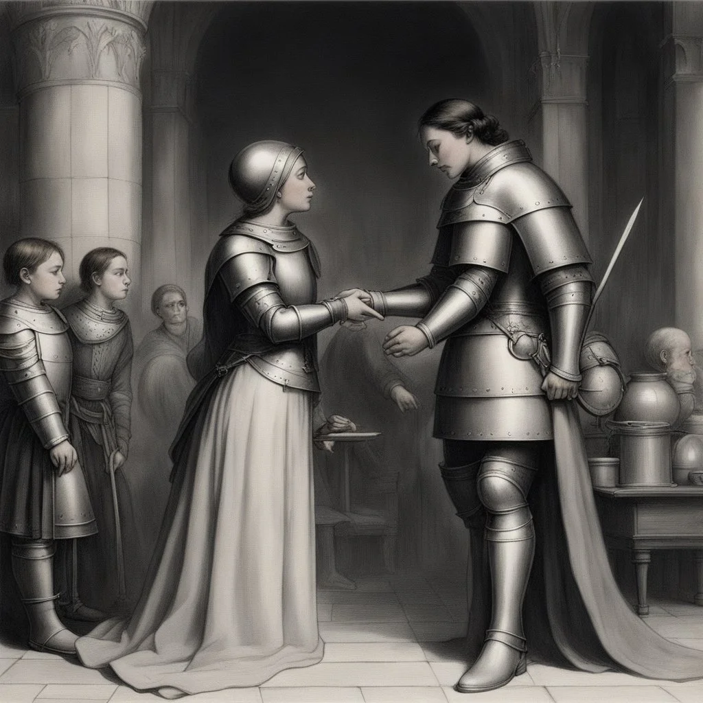 Joan of Arc approach the throne ; she can see the king studying her intently. She bows deeply, showing her respect, and Jean and Bertrand introduce her to the king.