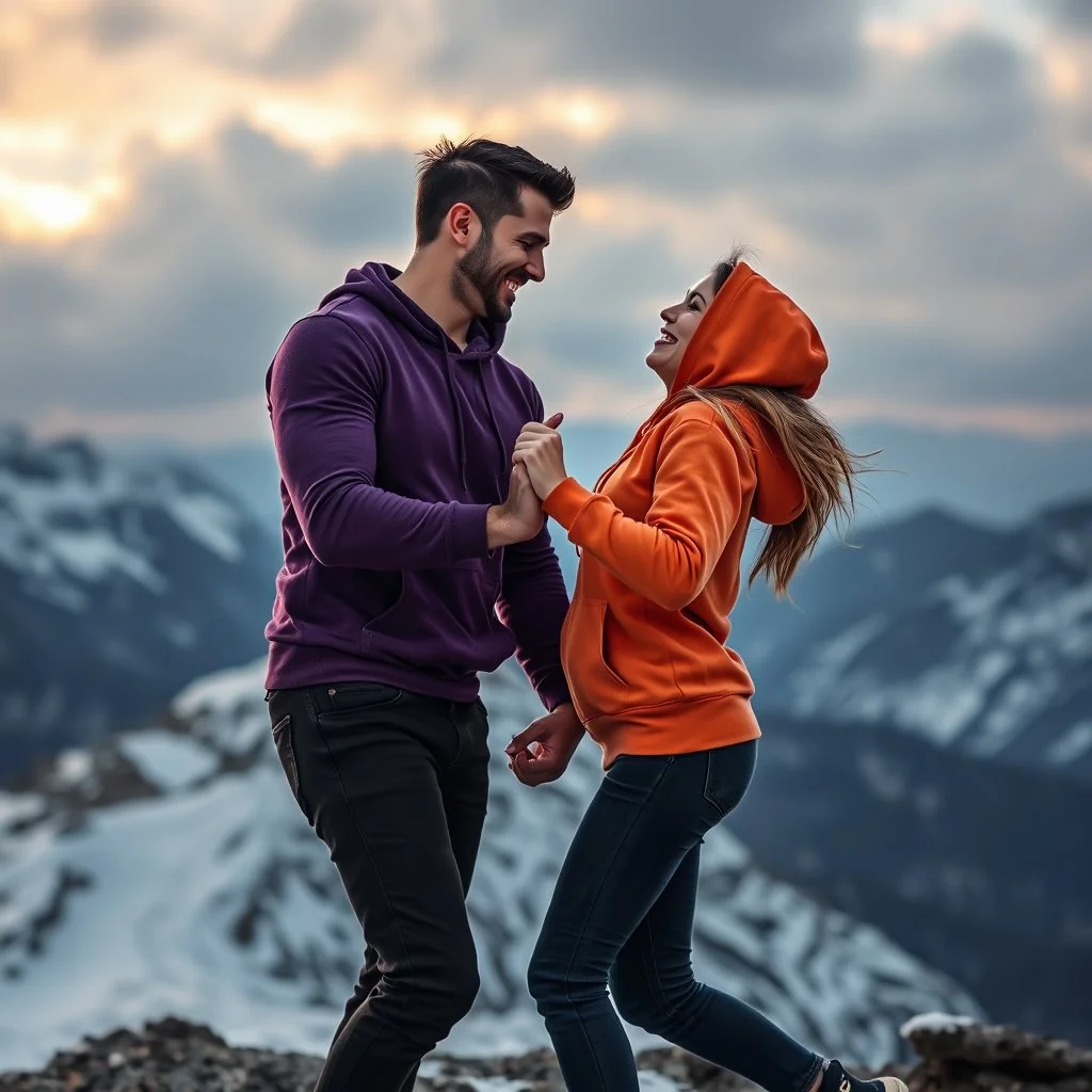 Hyper Realistic Close Shot Of Romantic Couple (Handsome Muscular Man Wearing Fitted Purple Hoodie Smiling And Black Jeans With Woman Wearing Orange Hoodie And Navy-Blue Jeans Smiling And Both Looking At Each Other Romantically And Getting A Bit Close) And Both Wearing Sneakers Dancing On A Icy Mountain With Cold Breeze And Snowy Mountains At Cloudy Sunset Showing Dramatic & Cinematic Ambiance.