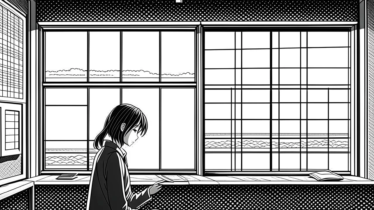 monochromatic japanese classroom with a shadowy figure looking out the window holding a transparent key emanating glow that colors the surroundings, anime