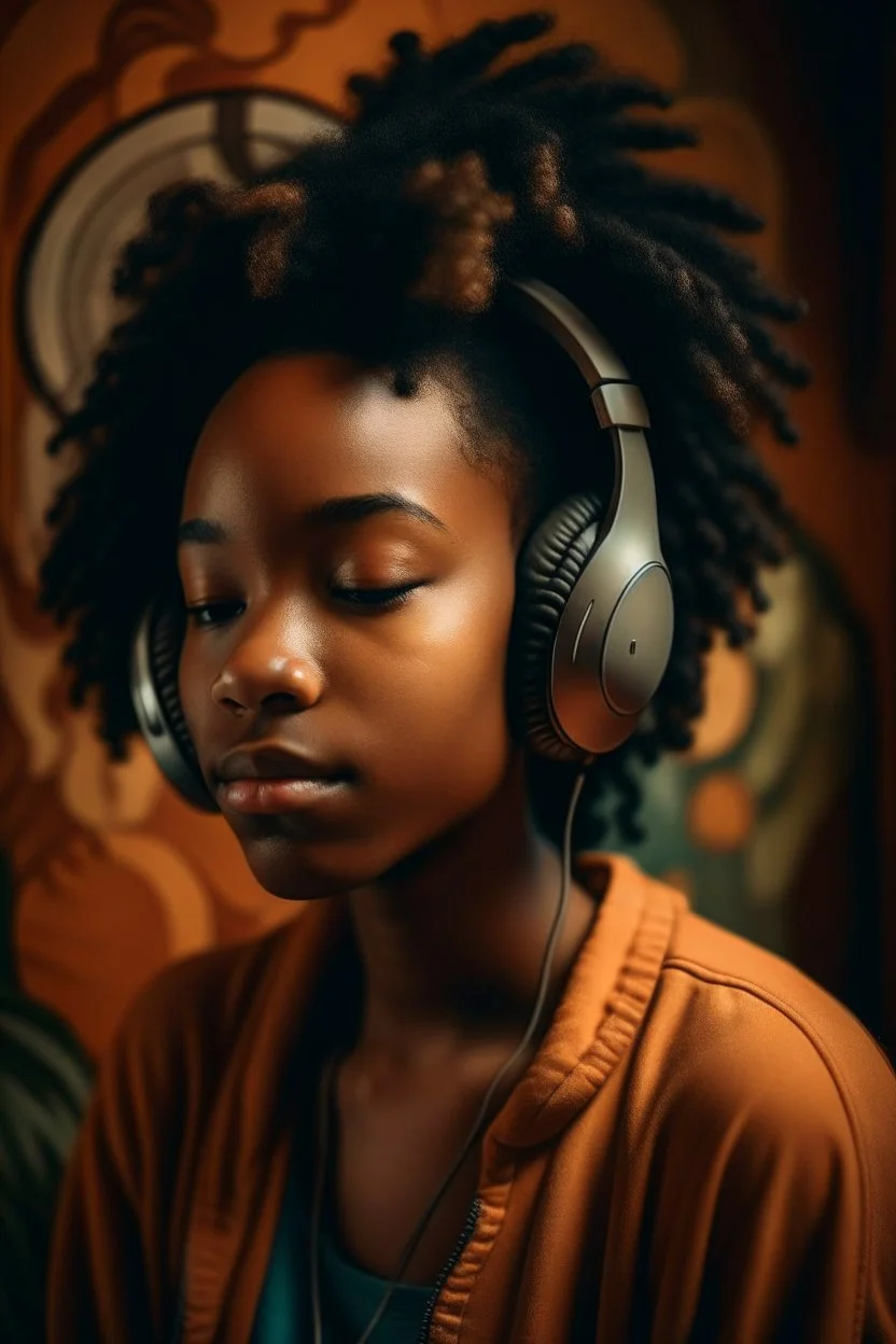 earthy black young woman listening to music with headphones, soul, peace, majestic, earthy colours, at peace, happy