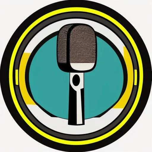 logo of a radio station, "Radio KLASS", clipart microphone; Yellow and white, circular.