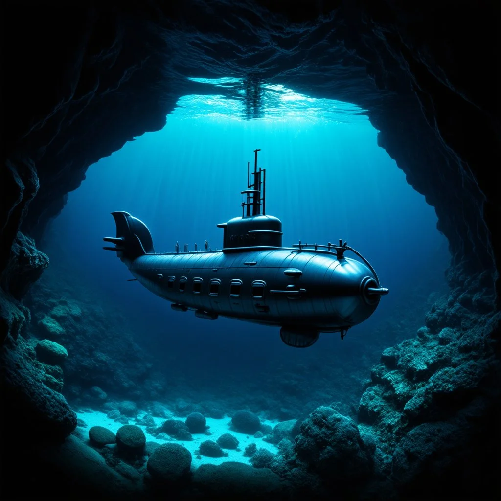 lord of the rings, fantasy, handmade submarine travelling through an underwater cave, dark