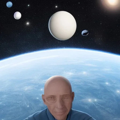 portrait of an elderly bald head floating in space, surrounded by white orbs