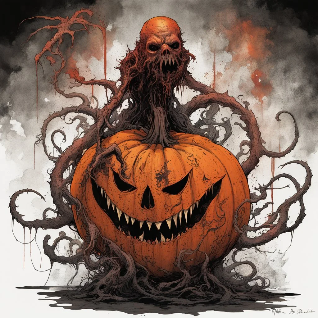 Lovecraftian decaying pumpkin monster, terrifying biomorphism, sinister, by Mike Dubisch, by Wayne Barlow, by Russ Mills, black-orange-red color scheme, Eldritch, volumetric lighting, cel-shading, impressionism, horror maximalism.