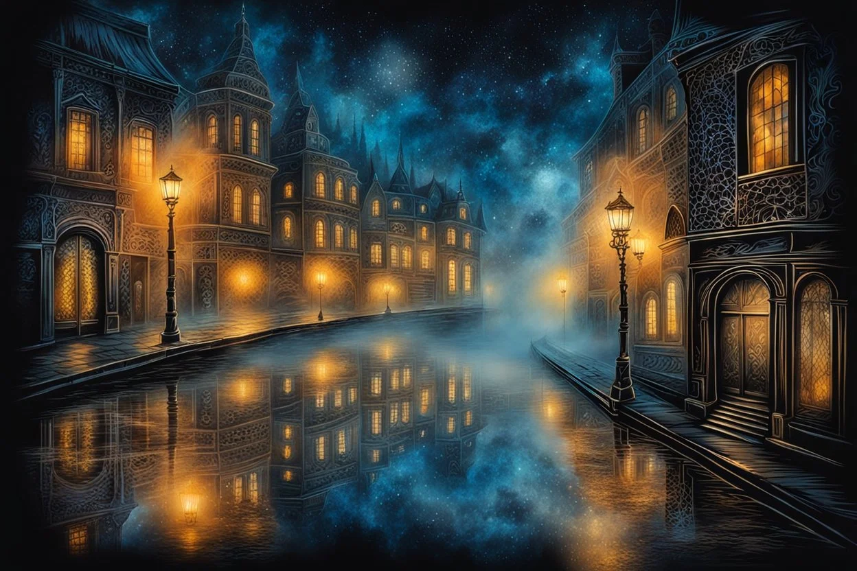 wide shot from unique made of lace, street scene behind a foggy glass, blurred silhouettes, impasto, long exposure, night, ink painting stunning landscape of different elements, epic glowing night background fantasy, highly detailed , masterpiece deep surreal background, cinematic