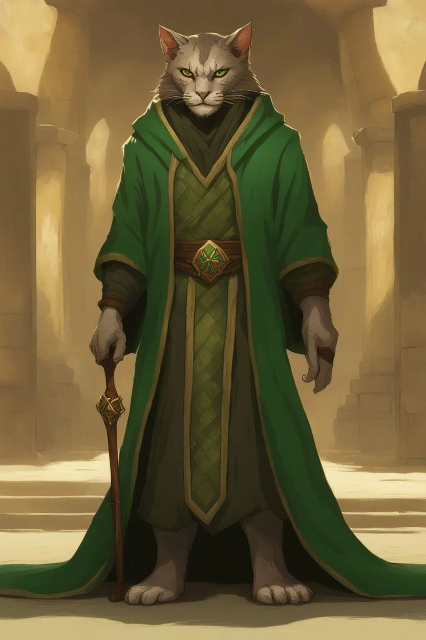 Male khajiit with grey fur and Hazel eyes wearing a emerald green robes in a fantasy setting