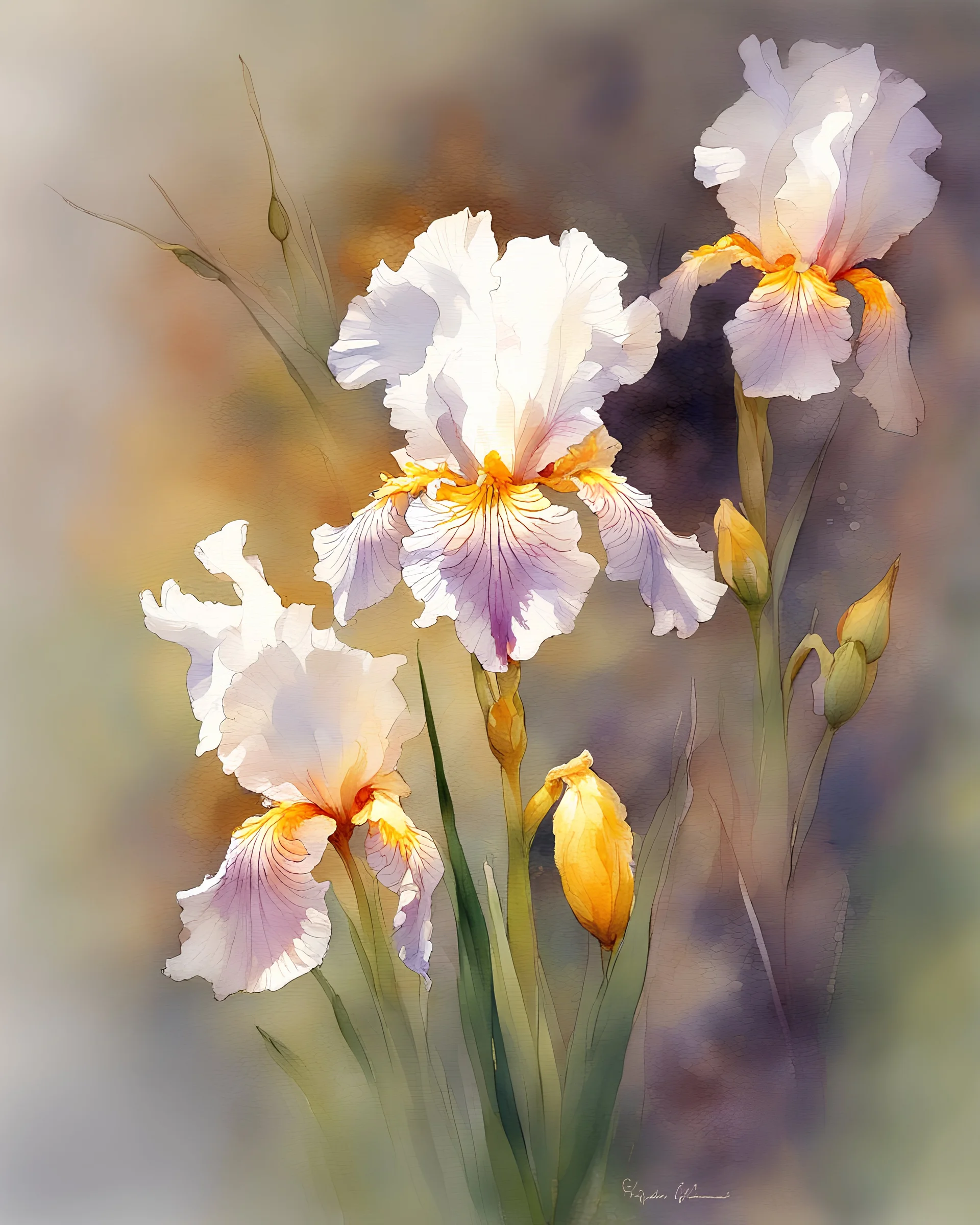 impressionistic watercolor painting, by Richard Schmid, ((best quality)), ((masterpiece)), ((realistic, digital art)), (hyper detaile), Richard Schmid style, intricate details, (one) 1multicolored iris flower, closeup, , white background, vivid coloring, some splashes